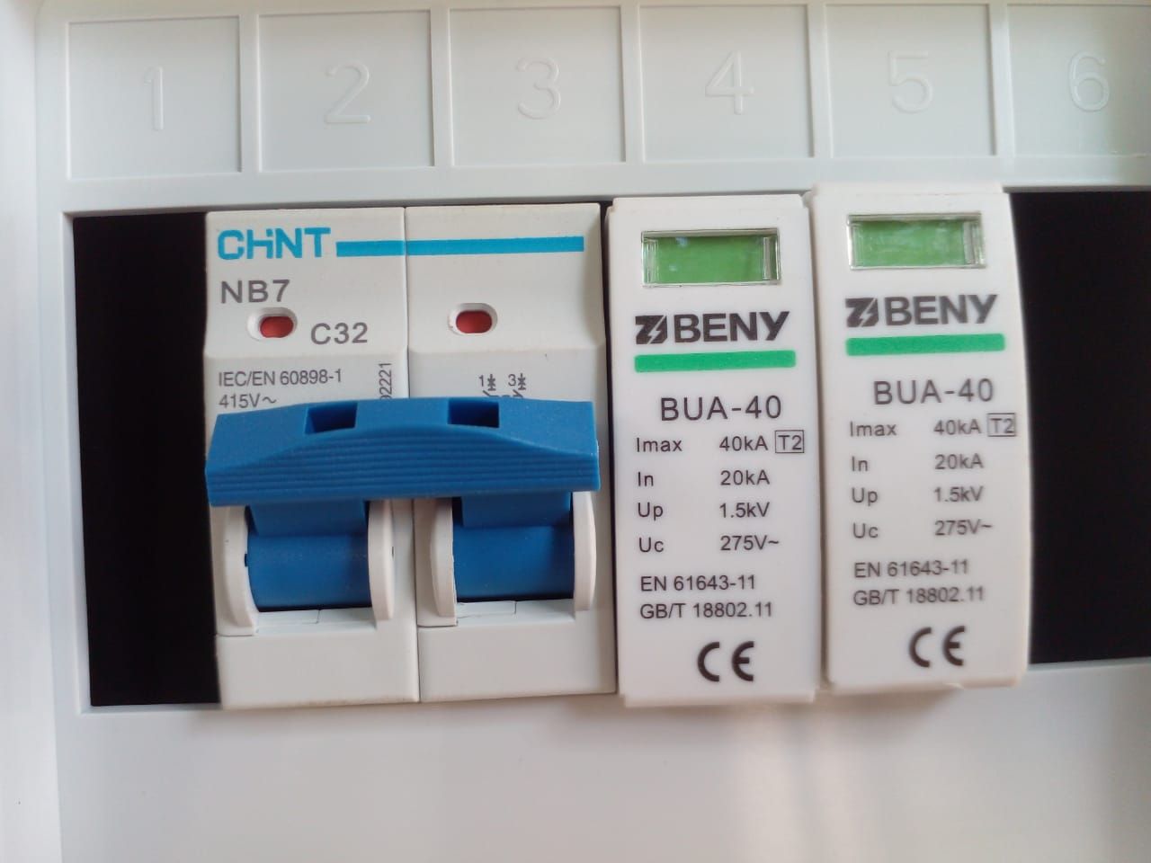 AC protection with a 32 A double-pole breaker and two type-2 surge protective devices