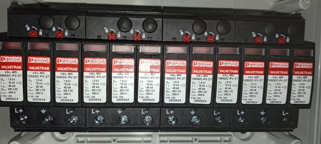 Twelve Phoenix Contact 1000 V DC surge protection modules mounted in a row